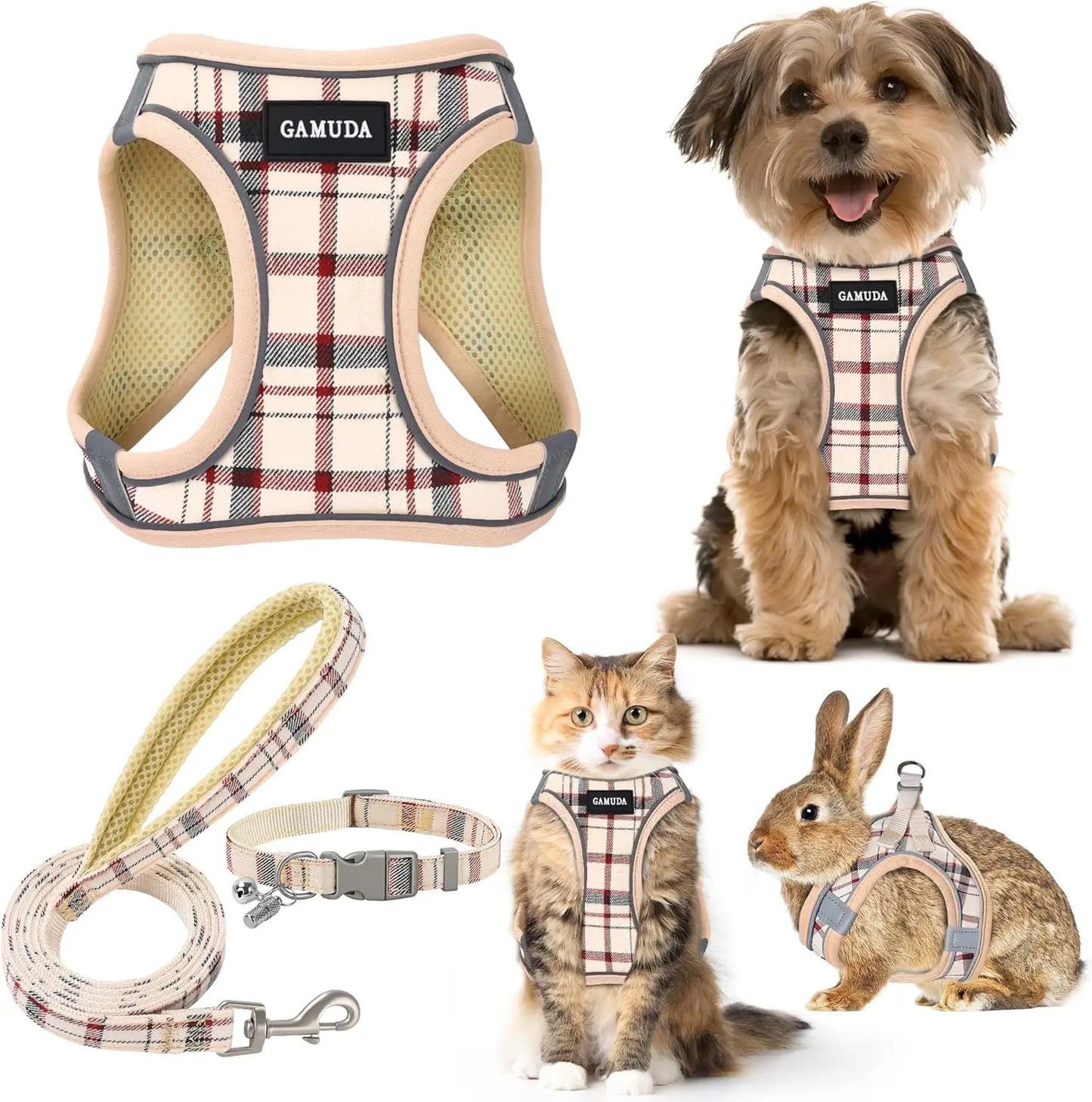 Small Dog Harness Leash Set Step In No Pull Adjustable Mesh Vest Reflective Plaid For Puppy Cat Rabbit