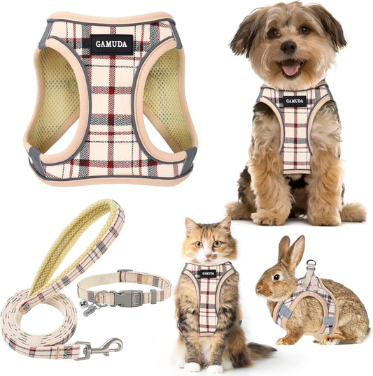 Small Dog Harness Leash Set Step In No Pull Adjustable Mesh Vest Reflective Plaid For Puppy Cat Rabbit