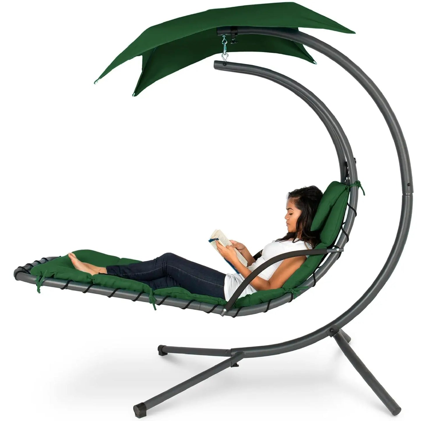 Curved Steel Outdoor Hanging Chaise Lounge With Built-In Pillow
