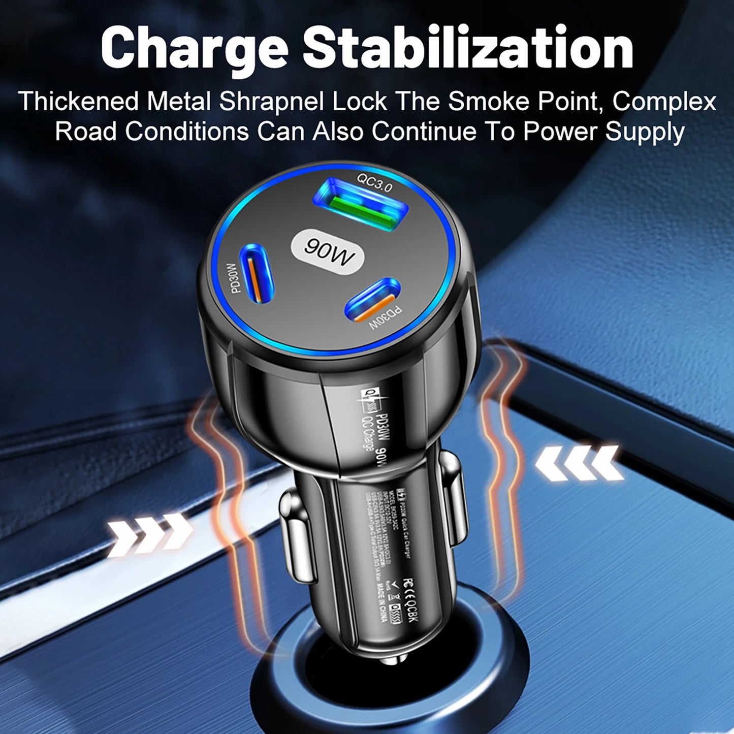 Three Port USB Type C Quick Charge Fast Car Charger With USB PD For iPhone And Samsung