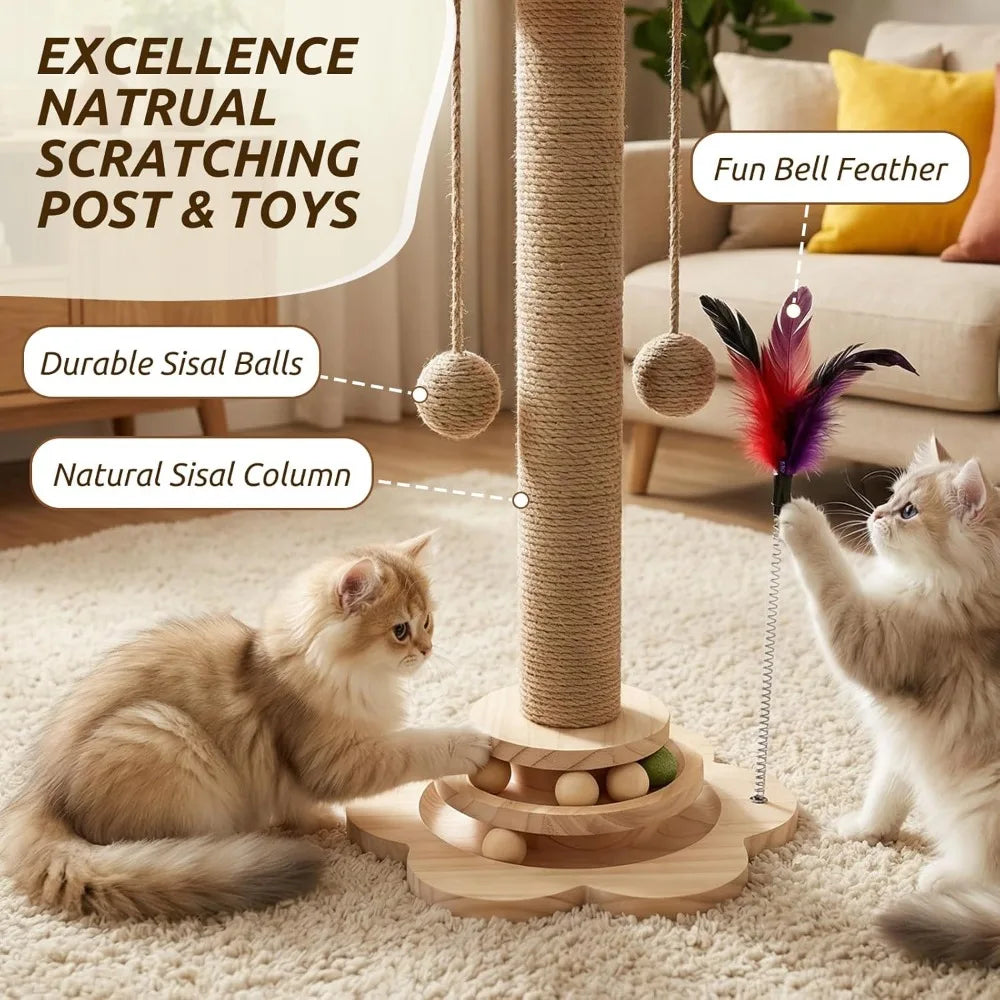 AEHOME Interactive Cat Scratching Post With 2 Tier Ball Track Teaser Stick For Indoor Cats
