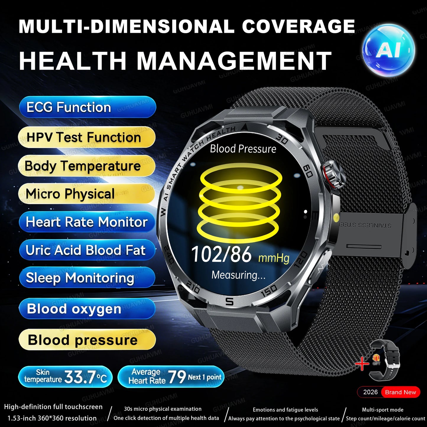 Smart Health Watch With ECG And PPG Body Fat Analysis Uric Acid BP Blood Oxygen Bluetooth Calling