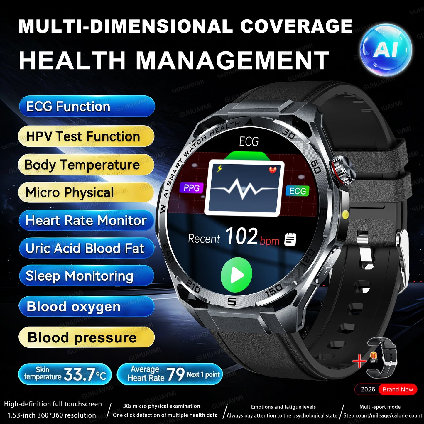 Smart Health Watch With ECG And PPG Body Fat Analysis Uric Acid BP Blood Oxygen Bluetooth Calling