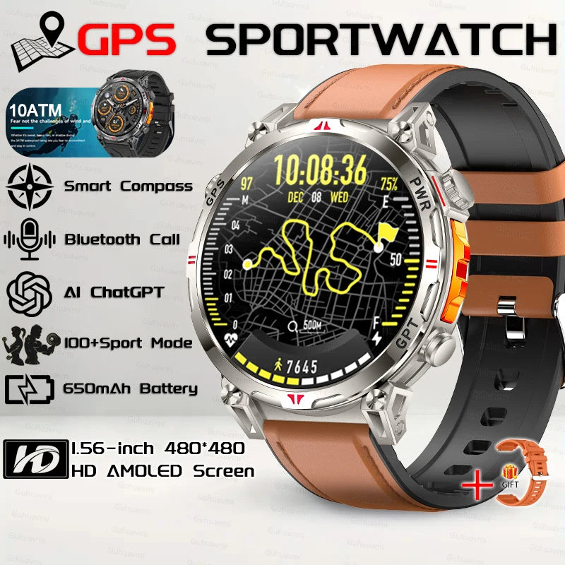 Outdoor GPS Smartwatch For Men With Compass, 10ATM Waterproof, Health Monitoring, Bluetooth Call