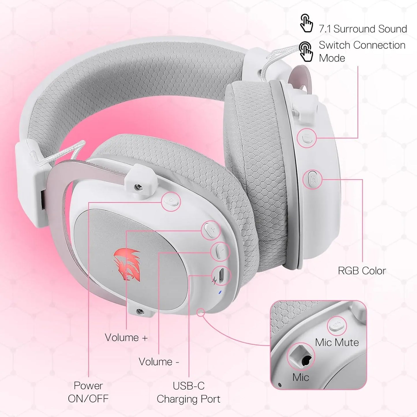Redragon H510 Pro Three Mode RGB Gaming Headset With Seven One Surround Sound For Immersive Audio