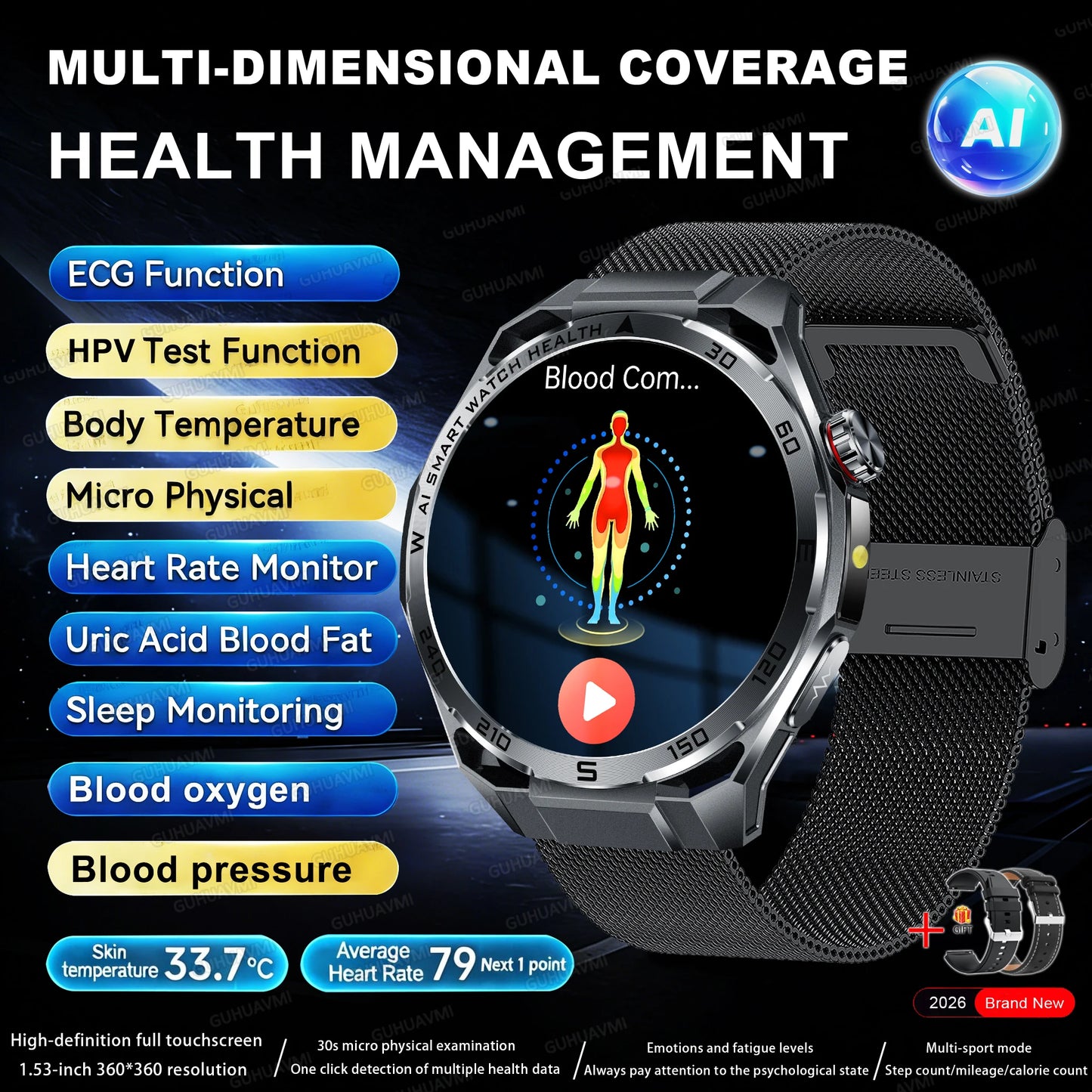 Smart Health Watch With ECG And PPG Body Fat Analysis Uric Acid BP Blood Oxygen Bluetooth Calling