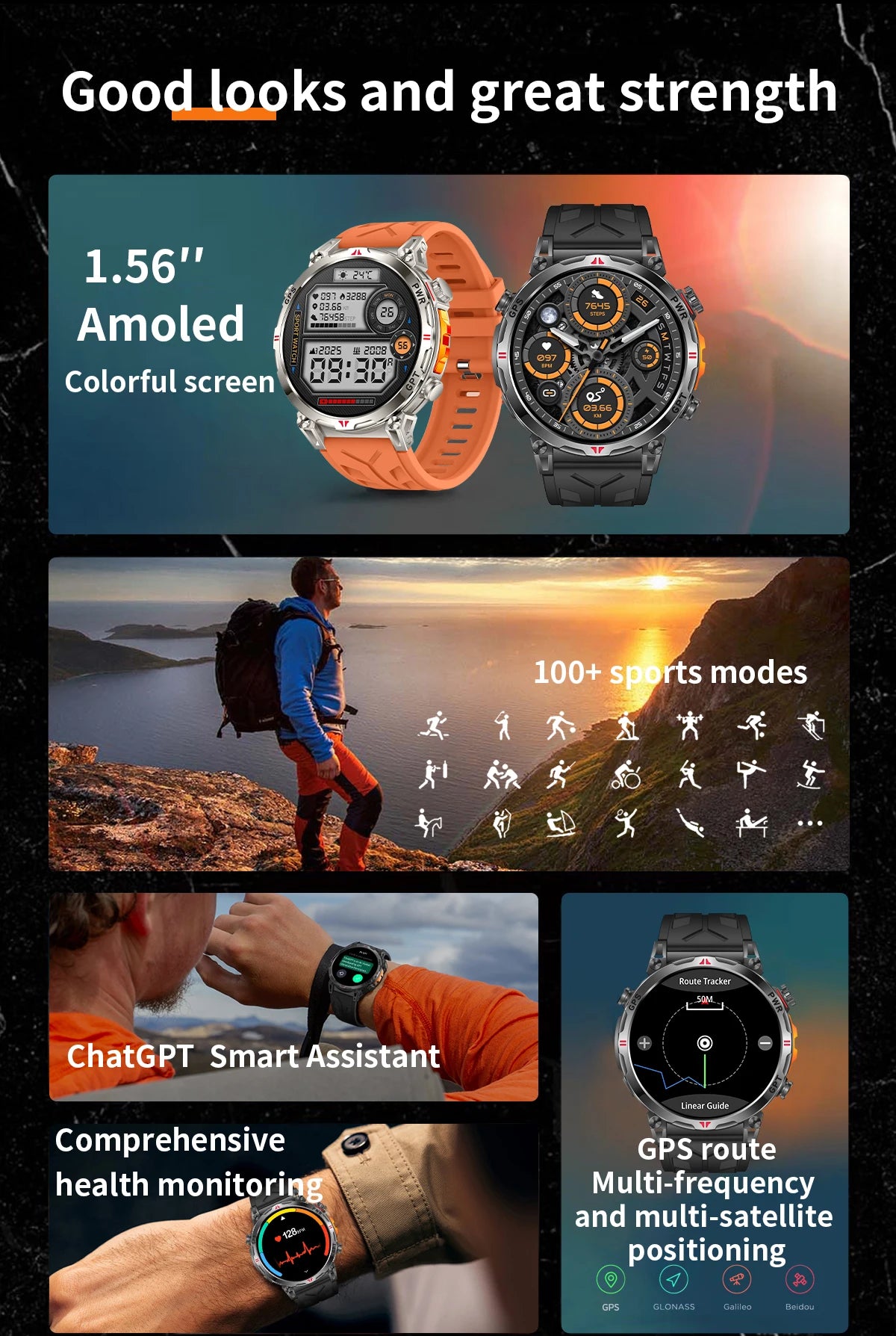 Outdoor GPS Smartwatch For Men With Compass, 10ATM Waterproof, Health Monitoring, Bluetooth Call