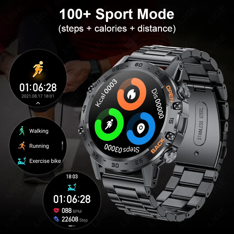 LIGE Military Smartwatch 1.39 Inch AMOLED 400mAh Battery Waterproof Heart Rate Bluetooth Call
