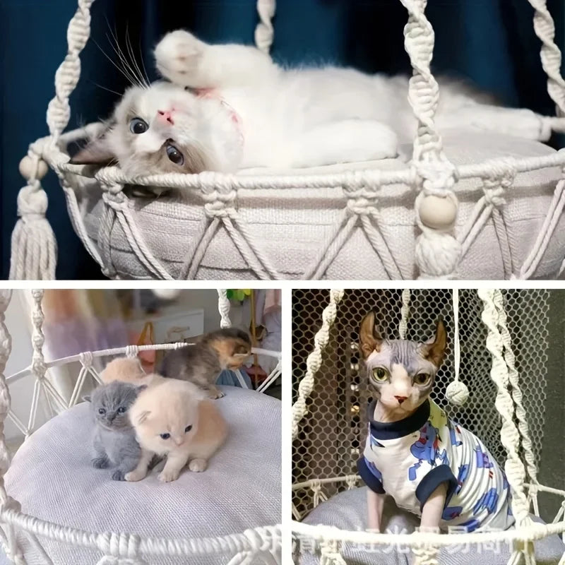 Handwoven Cotton Rope Cat Hammock Durable Heavy-Duty Load-Bearing Pet Bed For Two Cats