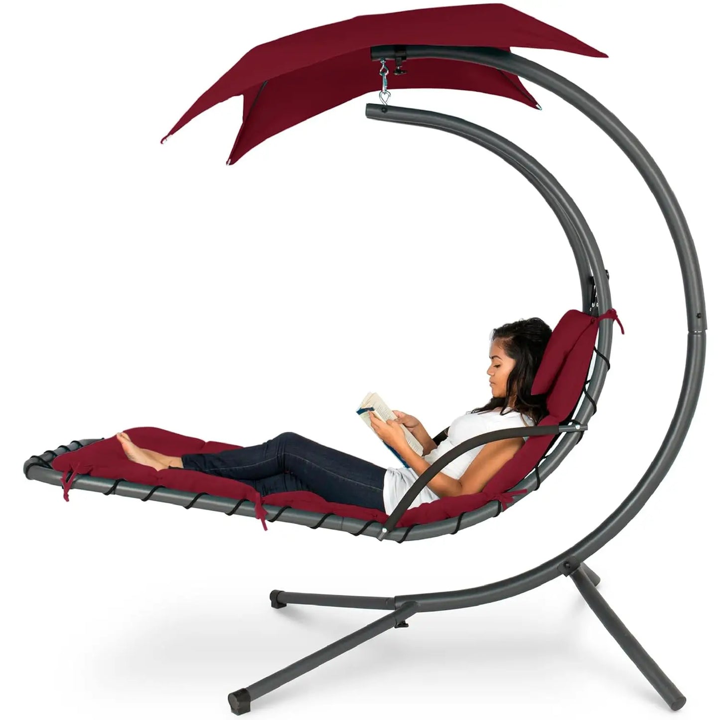 Curved Steel Outdoor Hanging Chaise Lounge With Built-In Pillow