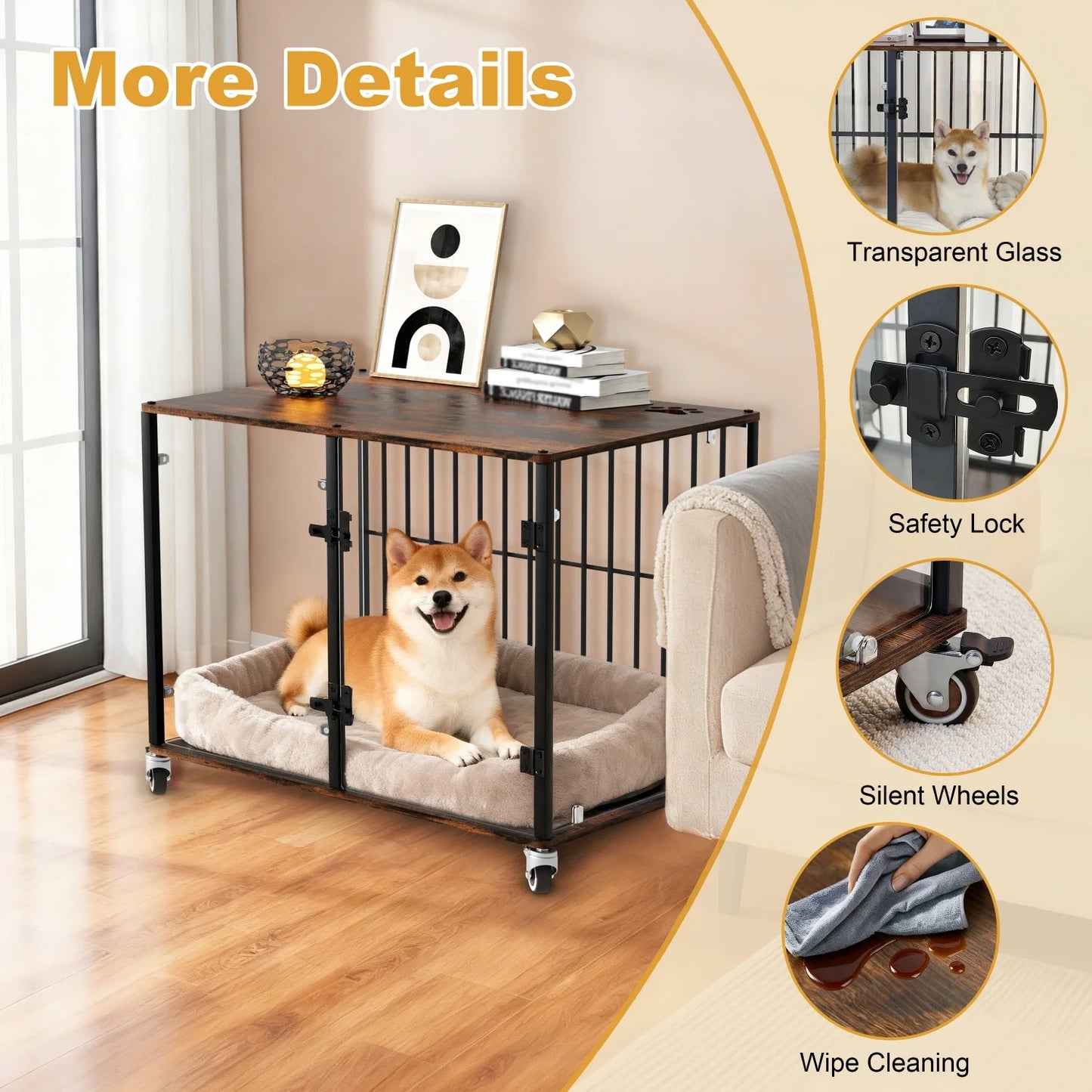 BINGOPAW Dog Crate Furniture Style End Table Tempered Glass Kennel