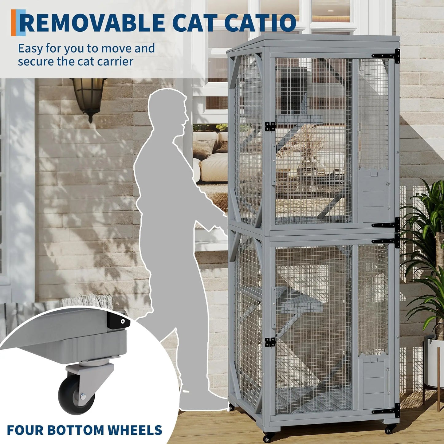 HiMISS Outdoor Cat Enclosure Catio With Lockable Wheels Weatherproof Multi Door Cat House For Multiple Cats