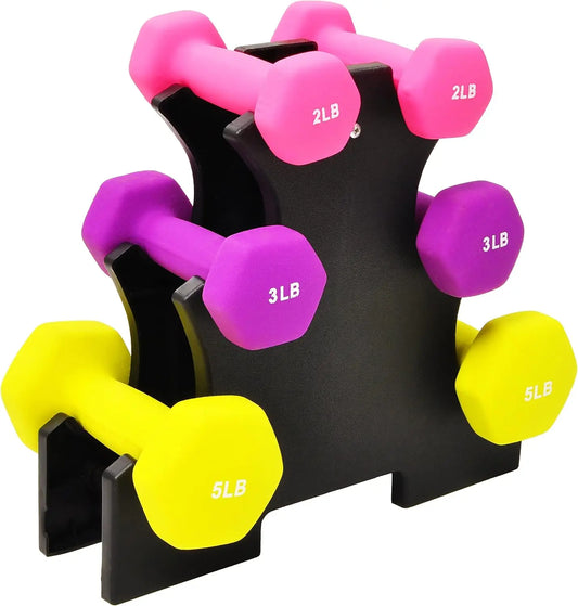 Six Piece Neoprene Dumbbell Set With Stand For Home Gym