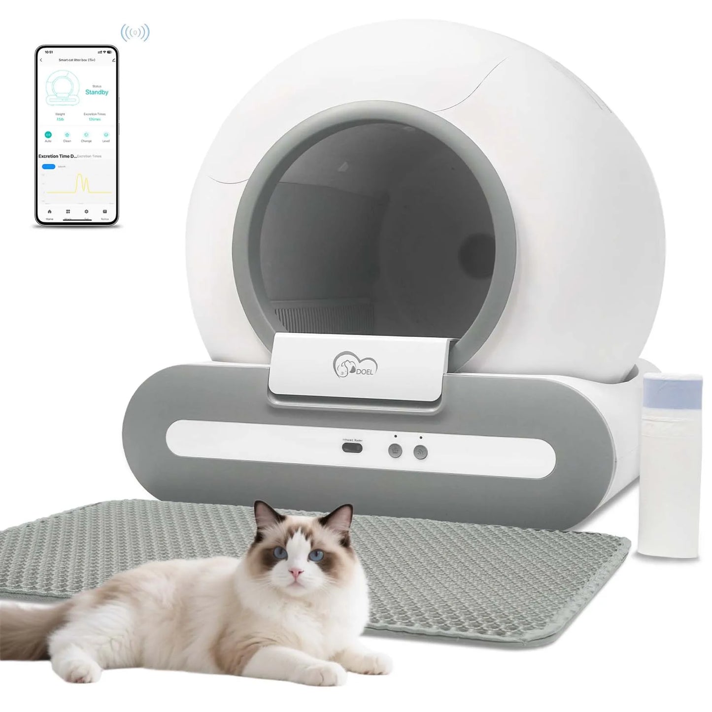 DOEL Self Cleaning Cat Litter Box With App Control Works On 2.4G WiFi Includes Litter Mat And Trash Bags