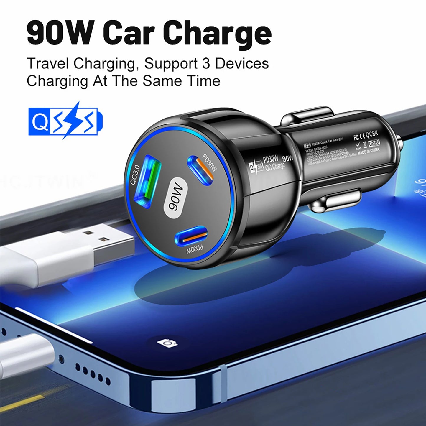 Three Port USB Type C Quick Charge Fast Car Charger With USB PD For iPhone And Samsung