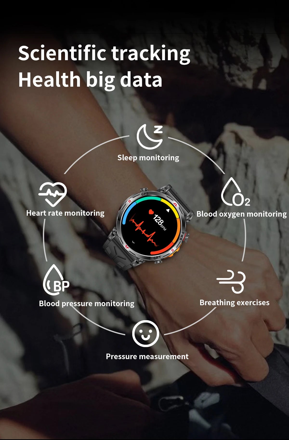 Outdoor GPS Smartwatch For Men With Compass, 10ATM Waterproof, Health Monitoring, Bluetooth Call