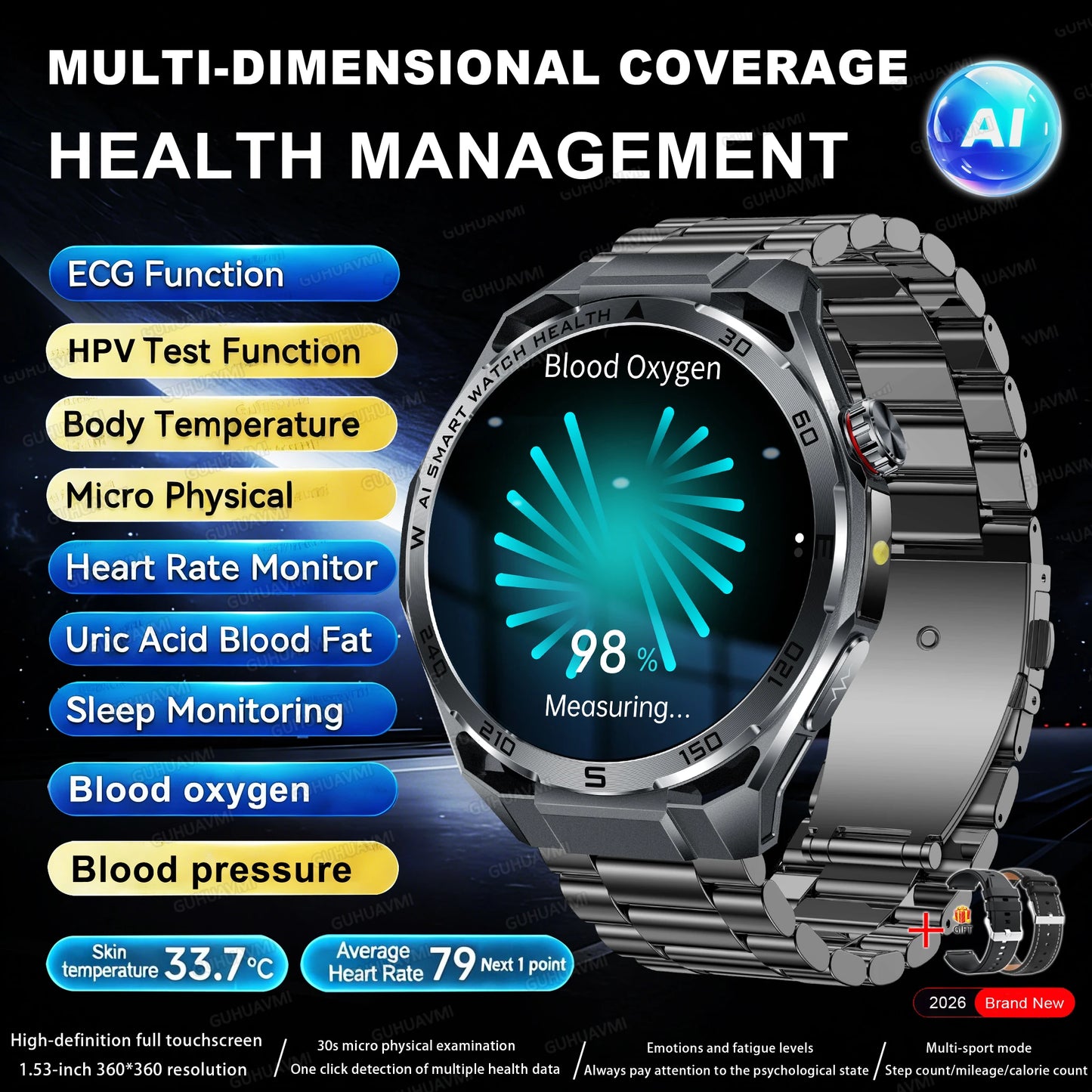 Smart Health Watch With ECG And PPG Body Fat Analysis Uric Acid BP Blood Oxygen Bluetooth Calling