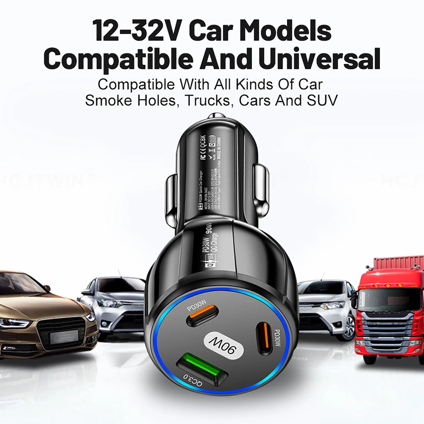 Three Port USB Type C Quick Charge Fast Car Charger With USB PD For iPhone And Samsung