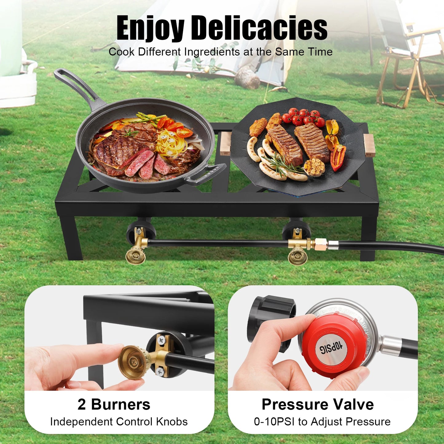 8000W Portable Double Burner Outdoor Gas Stove With Adjustable 0 To 10 PSI Regulator Hose