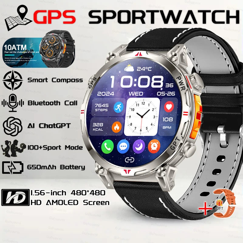 Outdoor GPS Smartwatch For Men With Compass, 10ATM Waterproof, Health Monitoring, Bluetooth Call